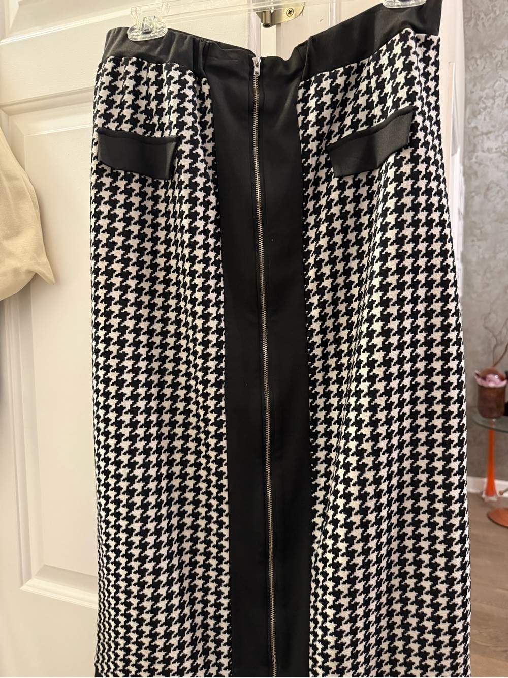 SHEIN Black and White Houndstooth Midi Pea Coat with Center Zip